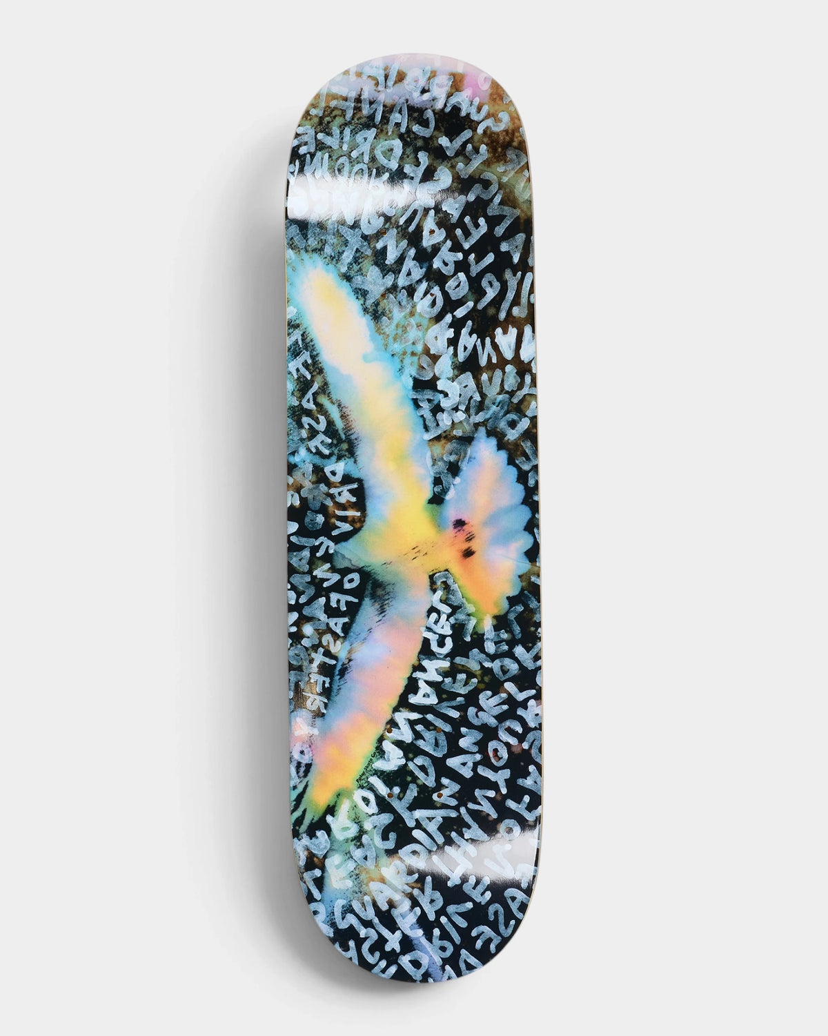 Polar Team Searching For Peace 8.5 inch skateboard deck with a rainbow-toned bird in flight over a black ground covered in white handwritten lettering