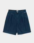 Pop Trading Company Boat Shorts in navy, flat lay front view showing the wide pleated leg, tortoise button and zip fly, and the white embroidered script logo above the left side pocket