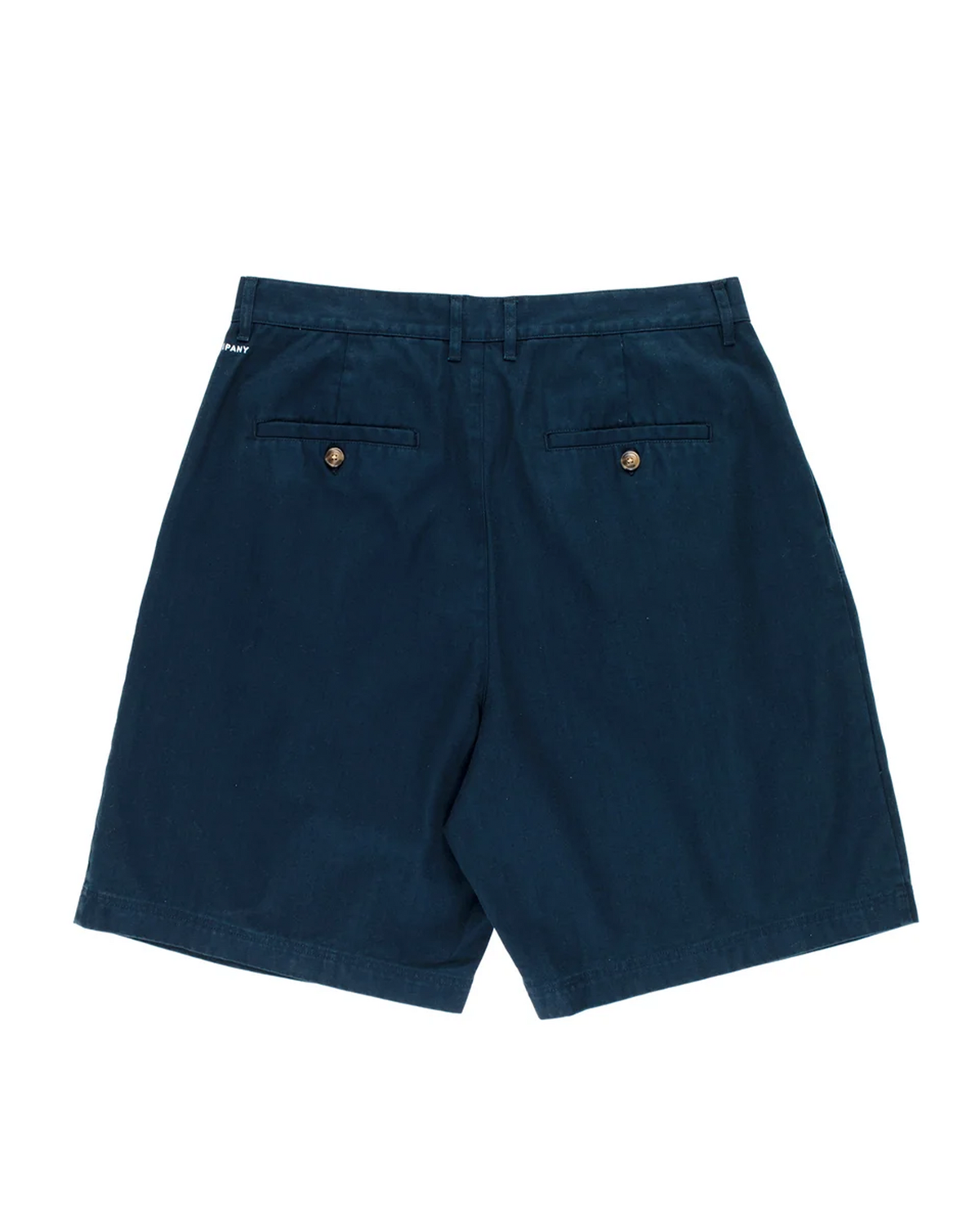 Pop Trading Company Boat Shorts in navy, flat lay back view showing two welt pockets with tortoise button closures and the embroidered logo at the waistband