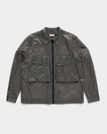 POP Trading Company Box overshirt in charcoal ripstop nylon with a full zip, a camp collar and two flap chest pockets