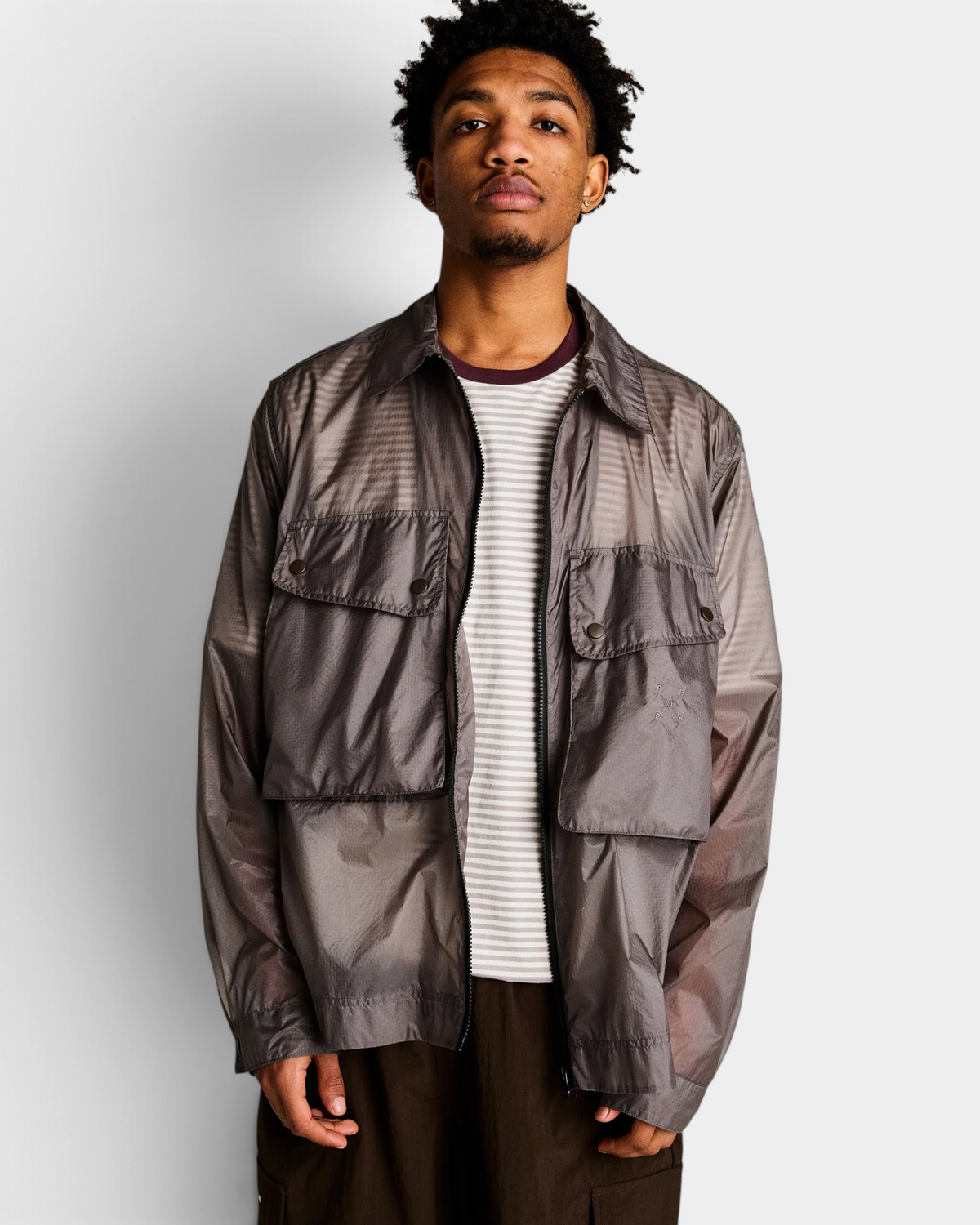 POP Trading Company Box overshirt in charcoal ripstop nylon with a full zip, a camp collar and two flap chest pockets