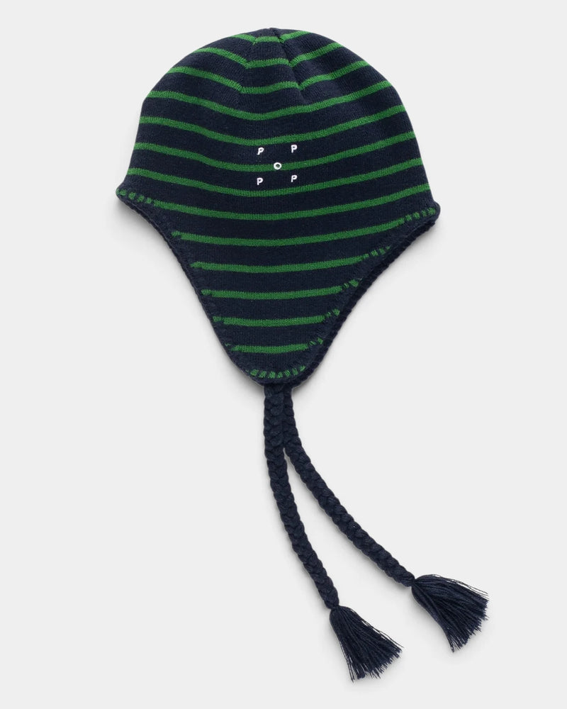 Lockwood Avenue Pop Trading Company Reversible Earflap Beanie, navy with juniper green stripes, front view with the embroidered Pop logo and braided straps