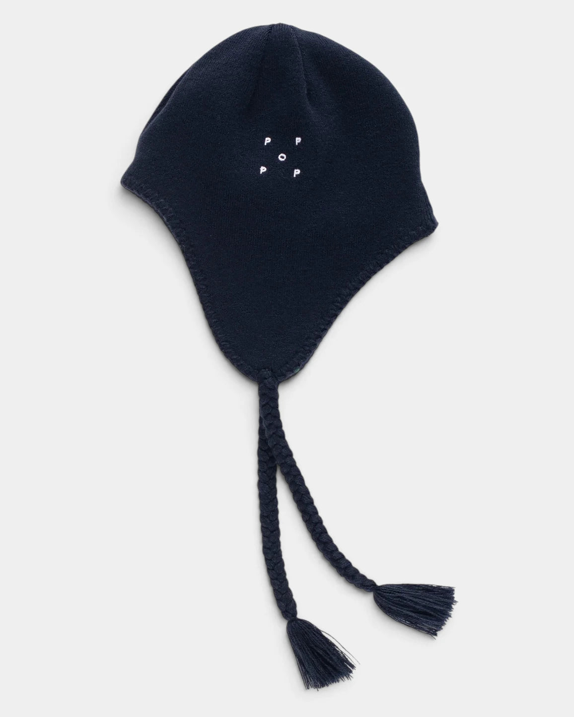 Lockwood Avenue Pop Trading Company Reversible Earflap Beanie reversed to the solid navy side, front view with the embroidered Pop logo