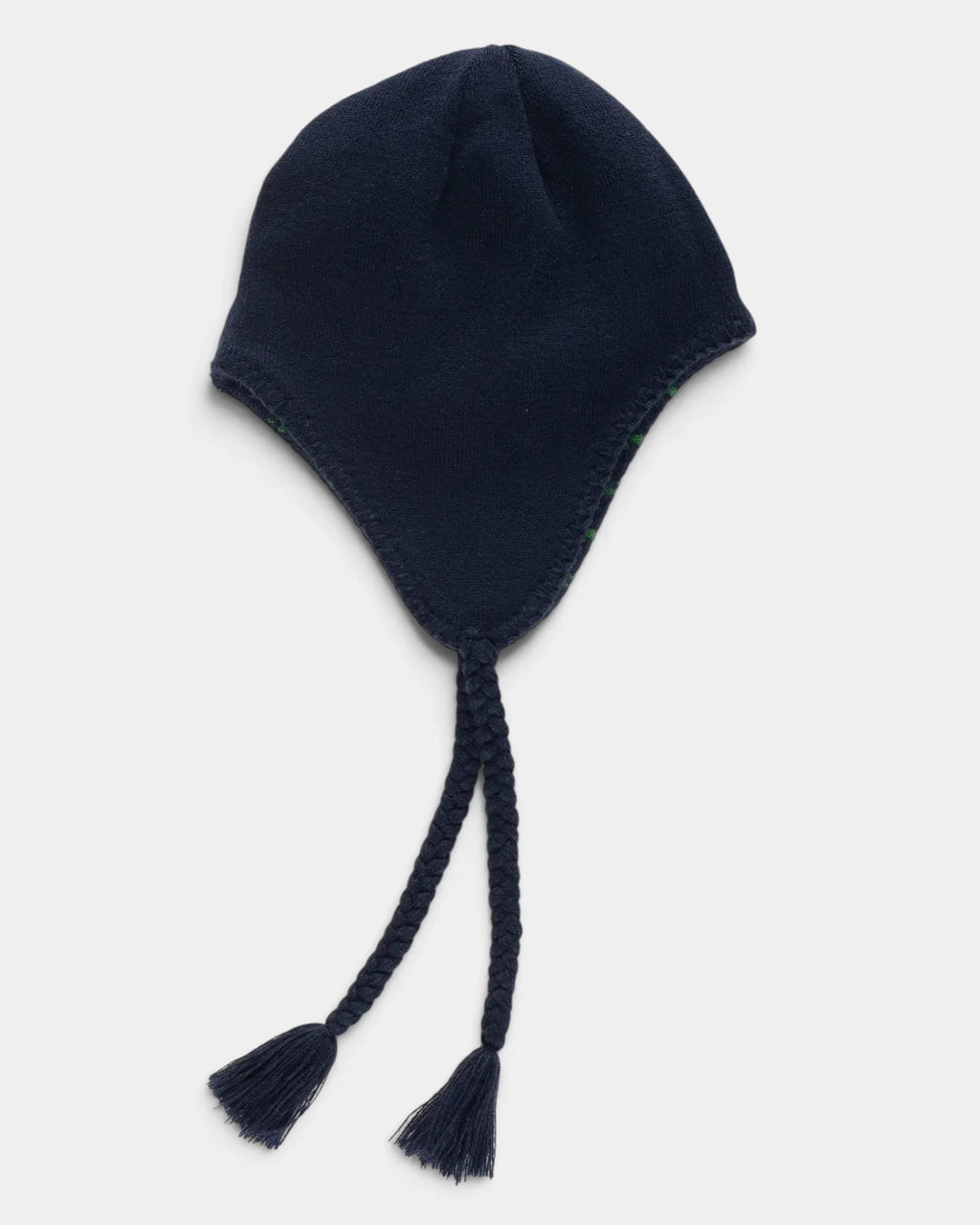 Lockwood Avenue Pop Trading Company Reversible Earflap Beanie, solid navy side, back view with the braided straps and fringe