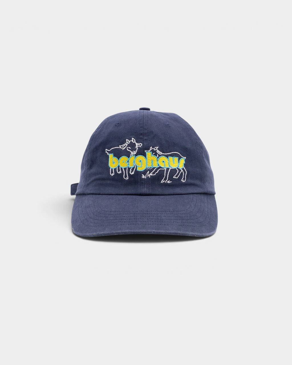 Pop Trading Company x Berghaus Berggoat six panel cap in navy, front, with two outlined goats and the word berghaus embroidered in yellow and light blue