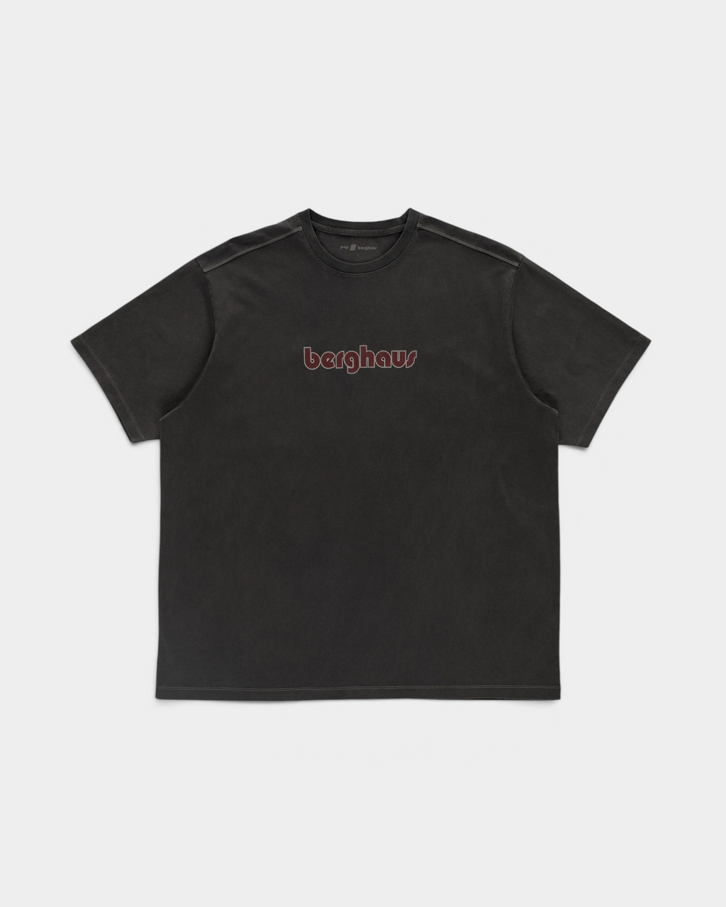 Pop Trading Company x Berghaus logo t-shirt in washed black, front, with the berghaus logo across the chest in dark red outlined in grey
