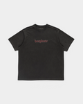 Pop Trading Company x Berghaus logo t-shirt in washed black, front, with the berghaus logo across the chest in dark red outlined in grey