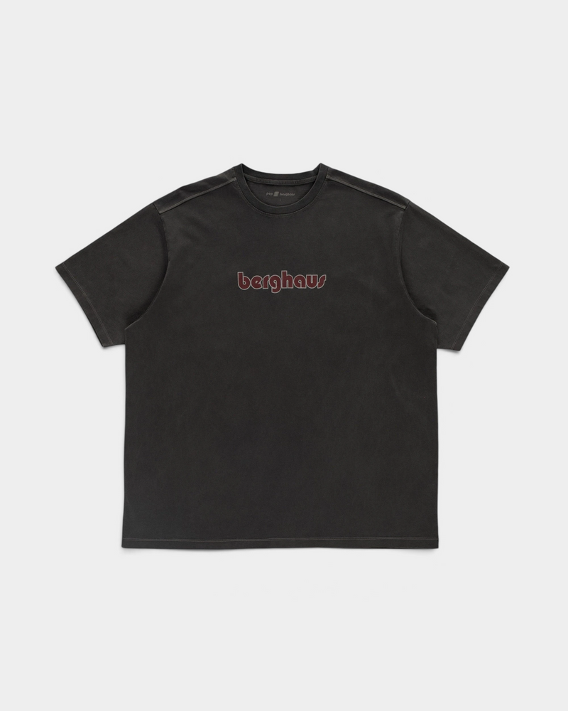 Pop Trading Company x Berghaus logo t-shirt in washed black, front, with the berghaus logo across the chest in dark red outlined in grey