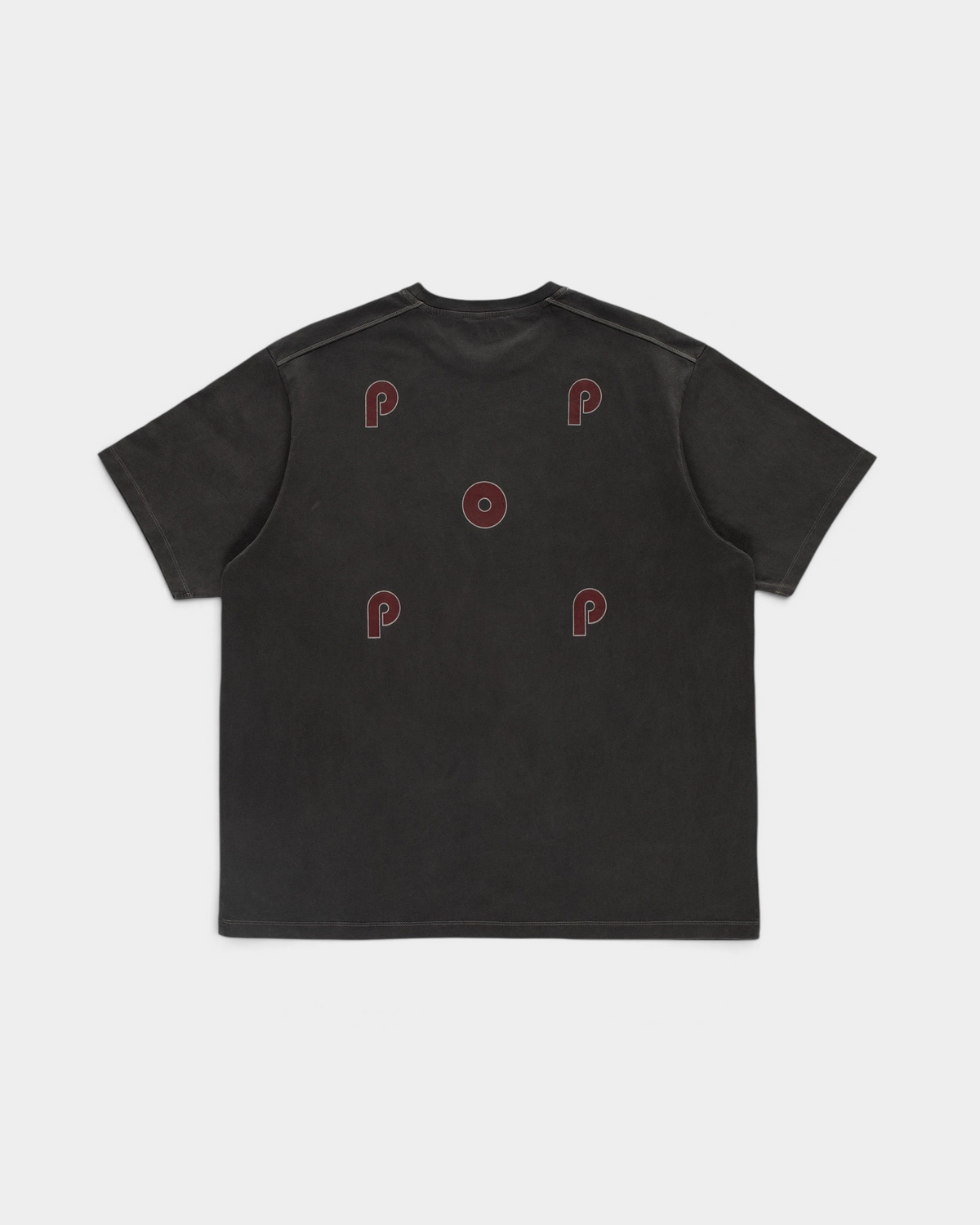 Pop Trading Company x Berghaus logo t-shirt in washed black, back, with five Pop dots printed in dark red outlined in grey
