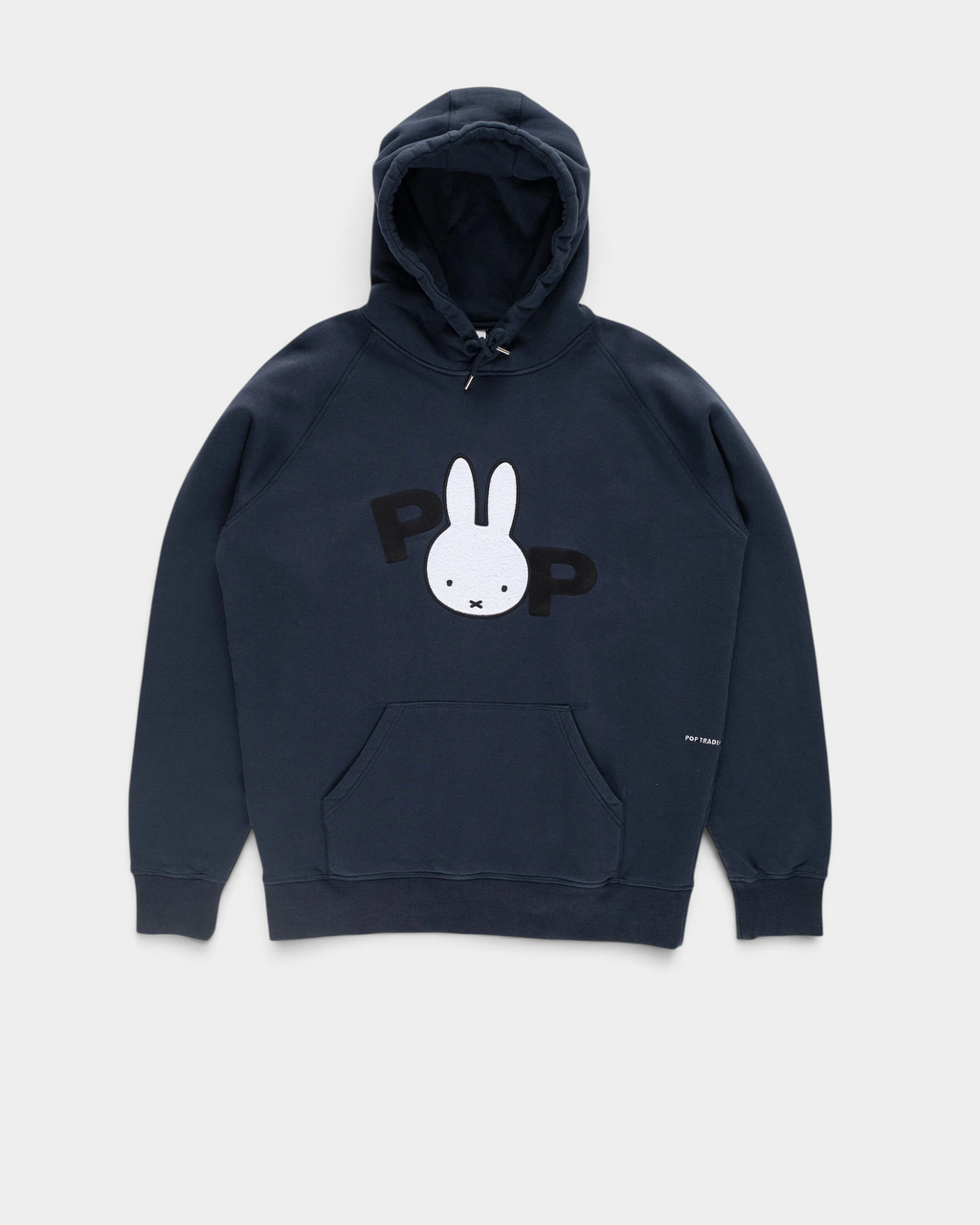 Pop Trading Company x Miffy applique hoodie in navy, front, with a white Miffy appliqued on the chest