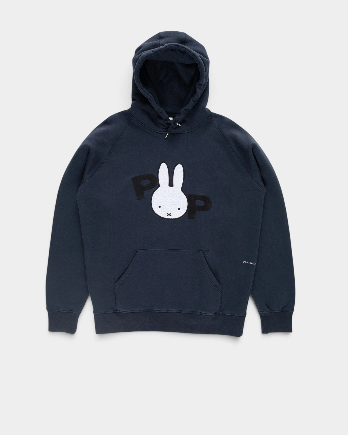 Pop Trading Company x Miffy applique hoodie in navy, front, with a white Miffy appliqued on the chest