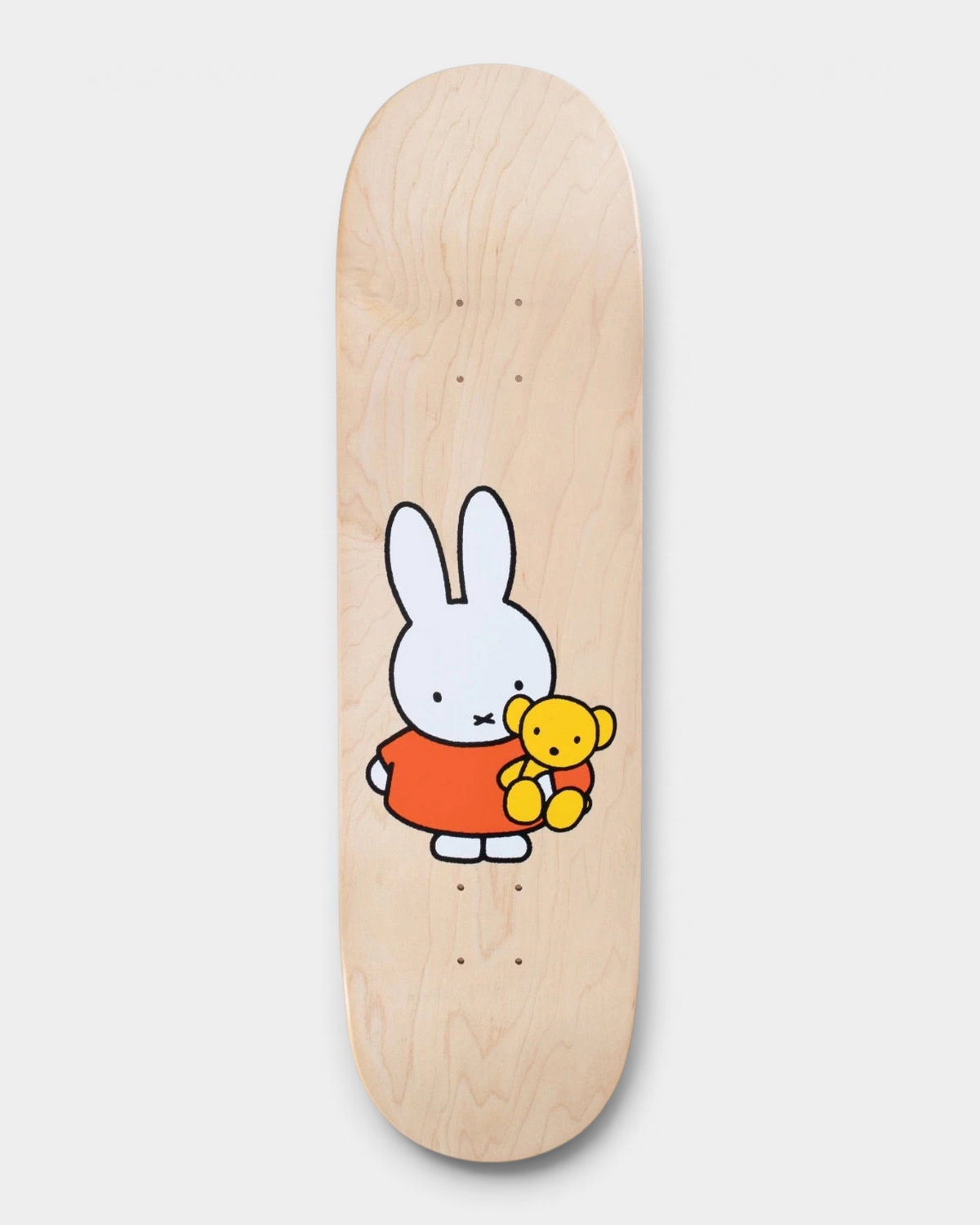 Pop Trading Company x Miffy Bear deck 8.6" in natural wood, with Miffy in an orange dress holding a golden teddy bear