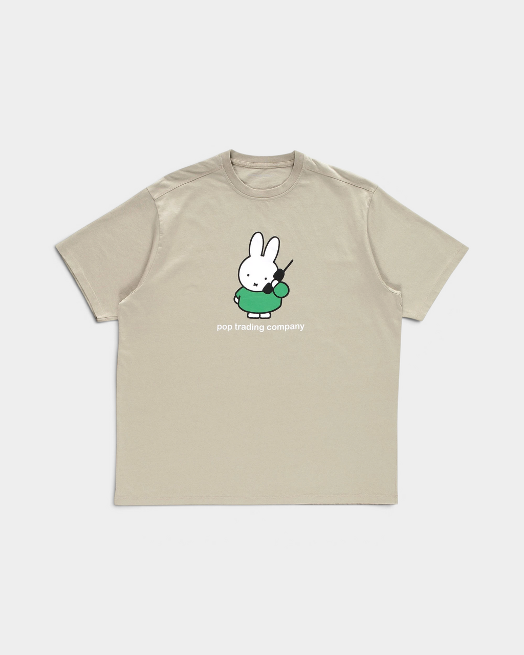 Pop Trading Company x Miffy Calling T-shirt in a light stone grey, front, with Miffy in a green dress above the words pop trading company