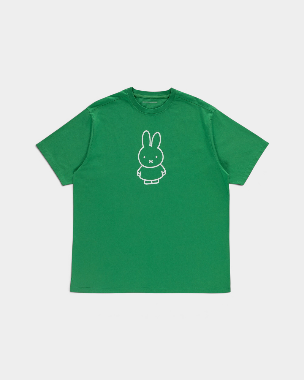 Pop Trading Company x Miffy FS BS logo T-shirt in green, front, with a small white outlined Miffy on the chest