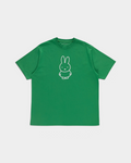 Pop Trading Company x Miffy FS BS logo T-shirt in green, front, with a small white outlined Miffy on the chest