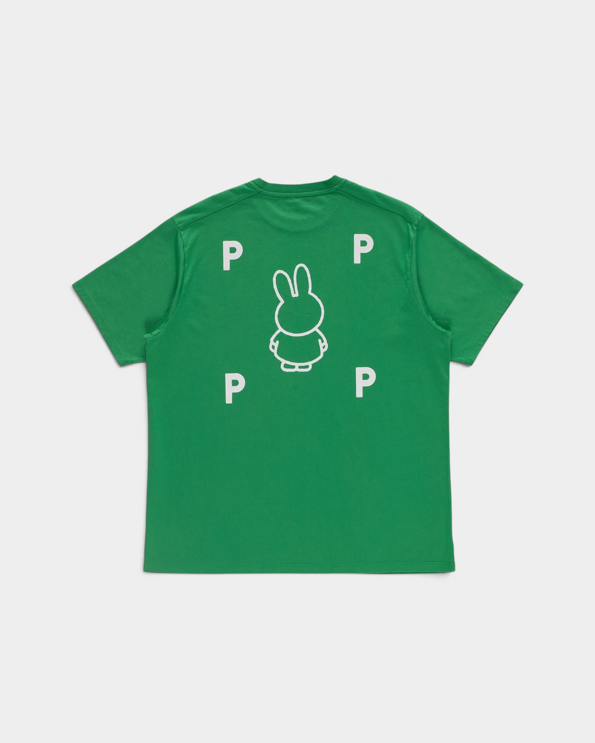 Pop Trading Company x Miffy FS BS logo T-shirt in green, back, with a white outlined Miffy between four P letters