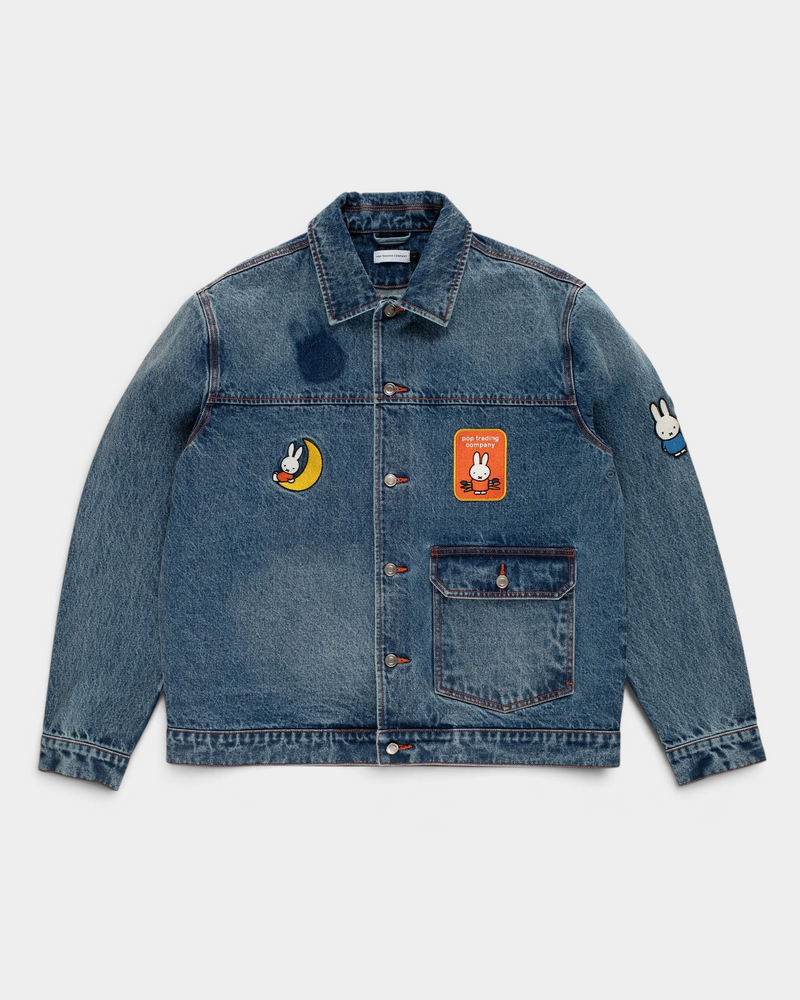 Pop Trading Company x Miffy full button denim jacket in stonewashed blue, front, with Miffy patches on the chest and pocket and one on the sleeve
