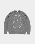 Pop Trading Company x Miffy knitted mohair crewneck sweater in heather grey, front, with a white outlined Miffy face across the chest