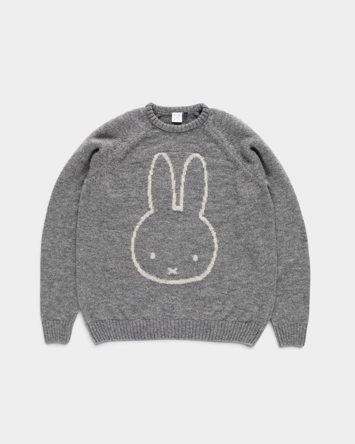 Pop Trading Company x Miffy knitted mohair crewneck sweater in heather grey, front, with a white outlined Miffy face across the chest