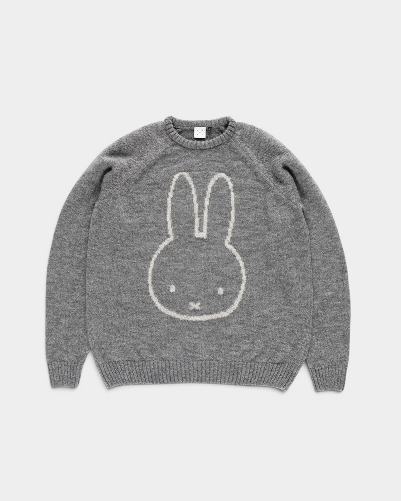 Pop Trading Company x Miffy knitted mohair crewneck sweater in heather grey, front, with a white outlined Miffy face across the chest