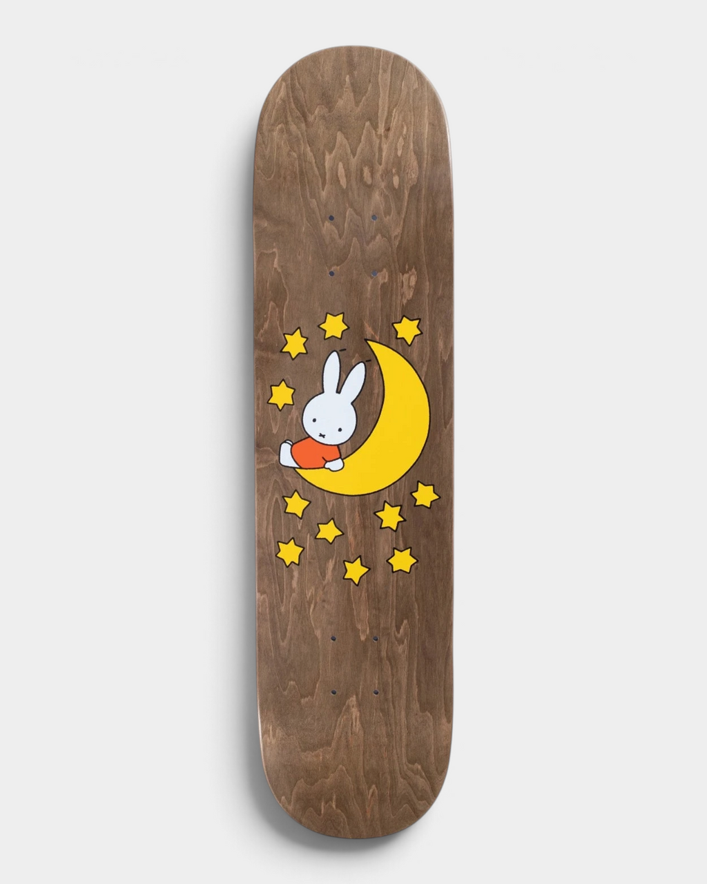 Pop Trading Company x Miffy Over The Moon deck 7.75" in a brown stain, with Miffy sitting on a yellow crescent moon among yellow stars