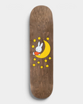 Pop Trading Company x Miffy Over The Moon deck 7.75" in a brown stain, with Miffy sitting on a yellow crescent moon among yellow stars