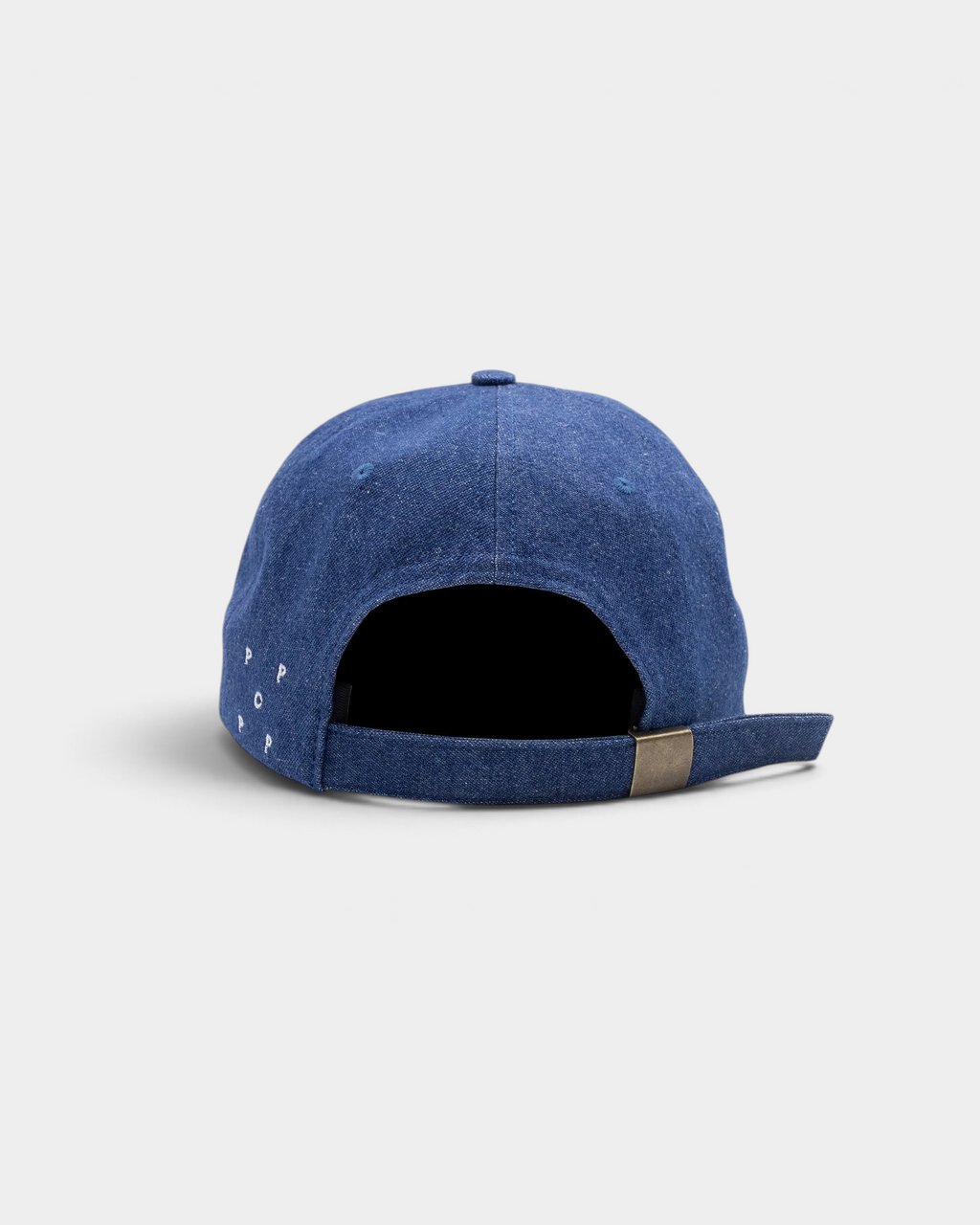 Pop Trading Company x Miffy patch six panel cap in rinsed denim, back, with the strap and small star details