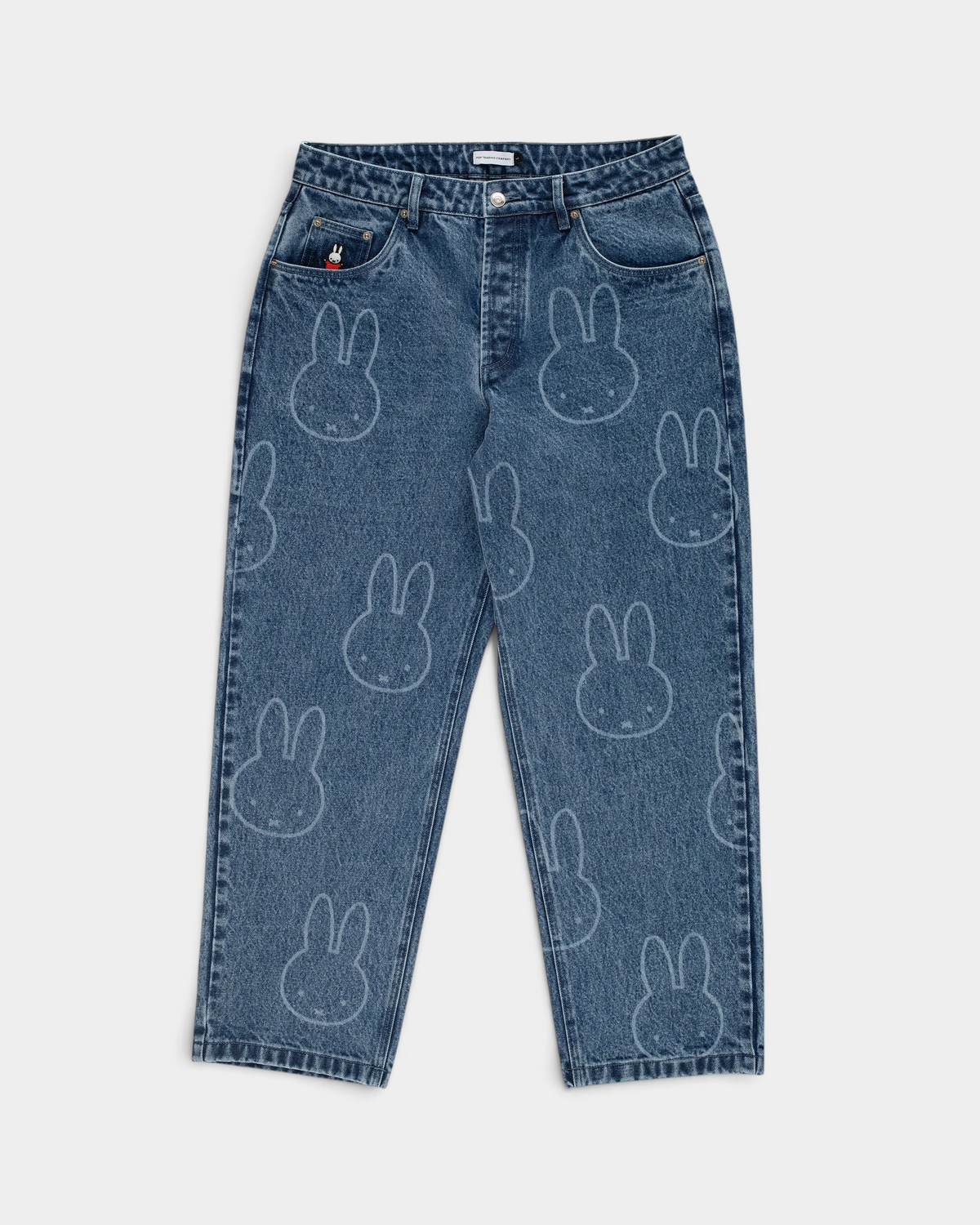Pop Trading Company x Miffy pattern DRS denim pants in stonewashed blue, front, with pale Miffy faces printed all over the legs