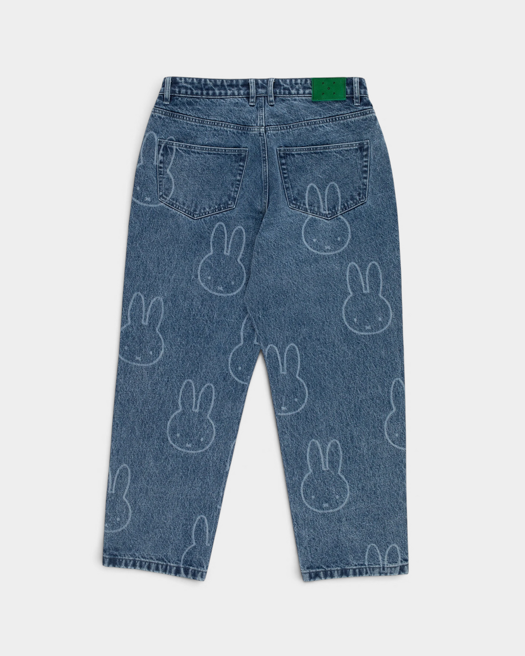Pop Trading Company x Miffy pattern DRS denim pants in stonewashed blue, back, with the Miffy print and a green back patch
