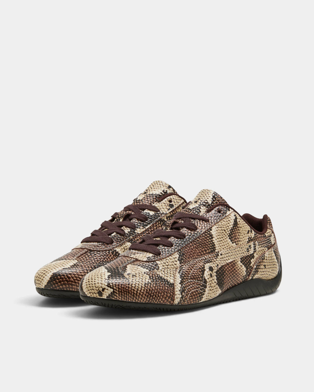 Puma Speedcat Snake Shoes in Bitter Chocolate/Toasted Almond, both shoes from a three-quarter front angle, showing the brown and tan snake-patterned leather upper on a low race-shoe sole