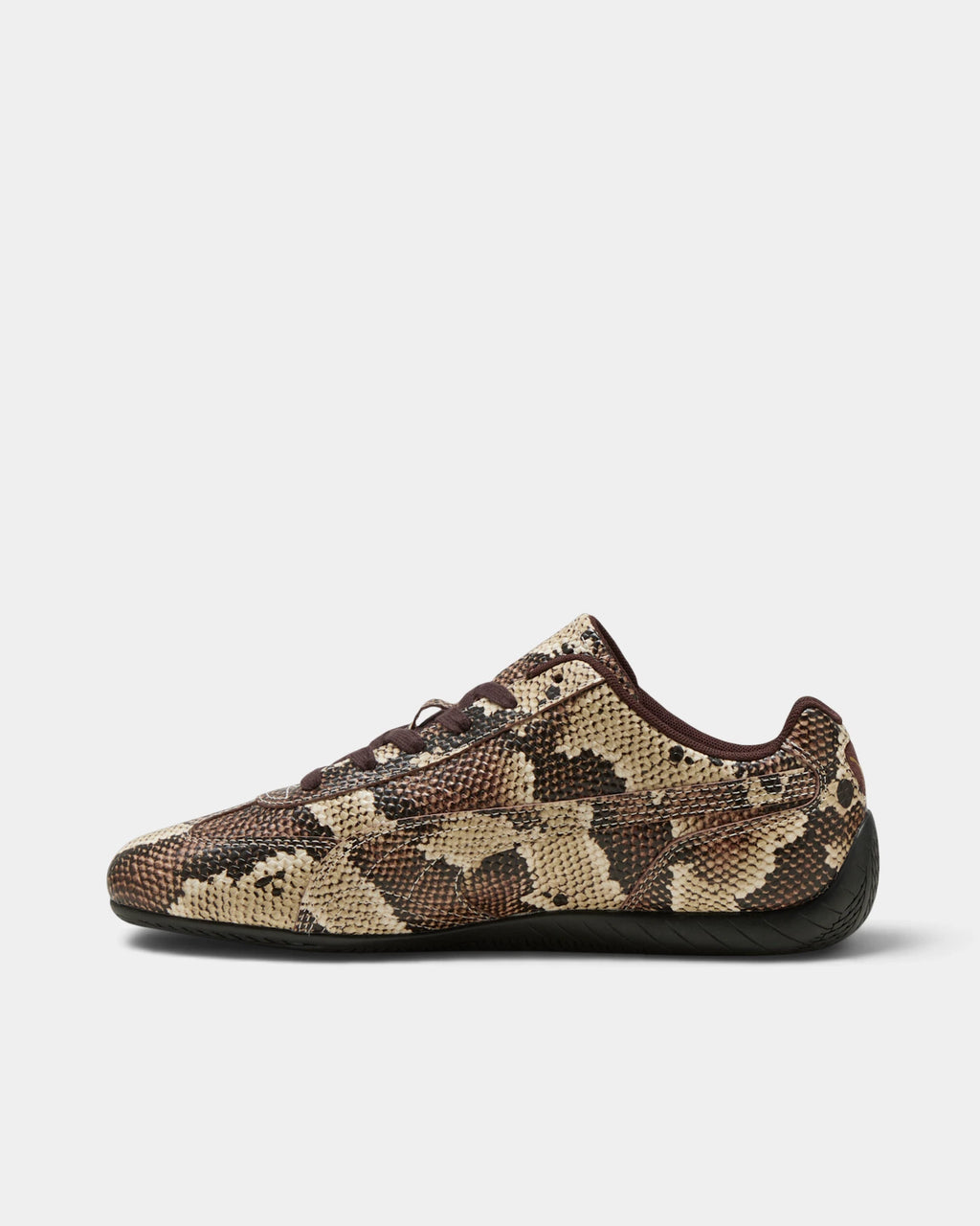Puma Speedcat Snake Shoes in Bitter Chocolate/Toasted Almond, right shoe from the inner side, toe pointing left, showing the brown and tan snake-patterned leather upper on a low race-shoe sole