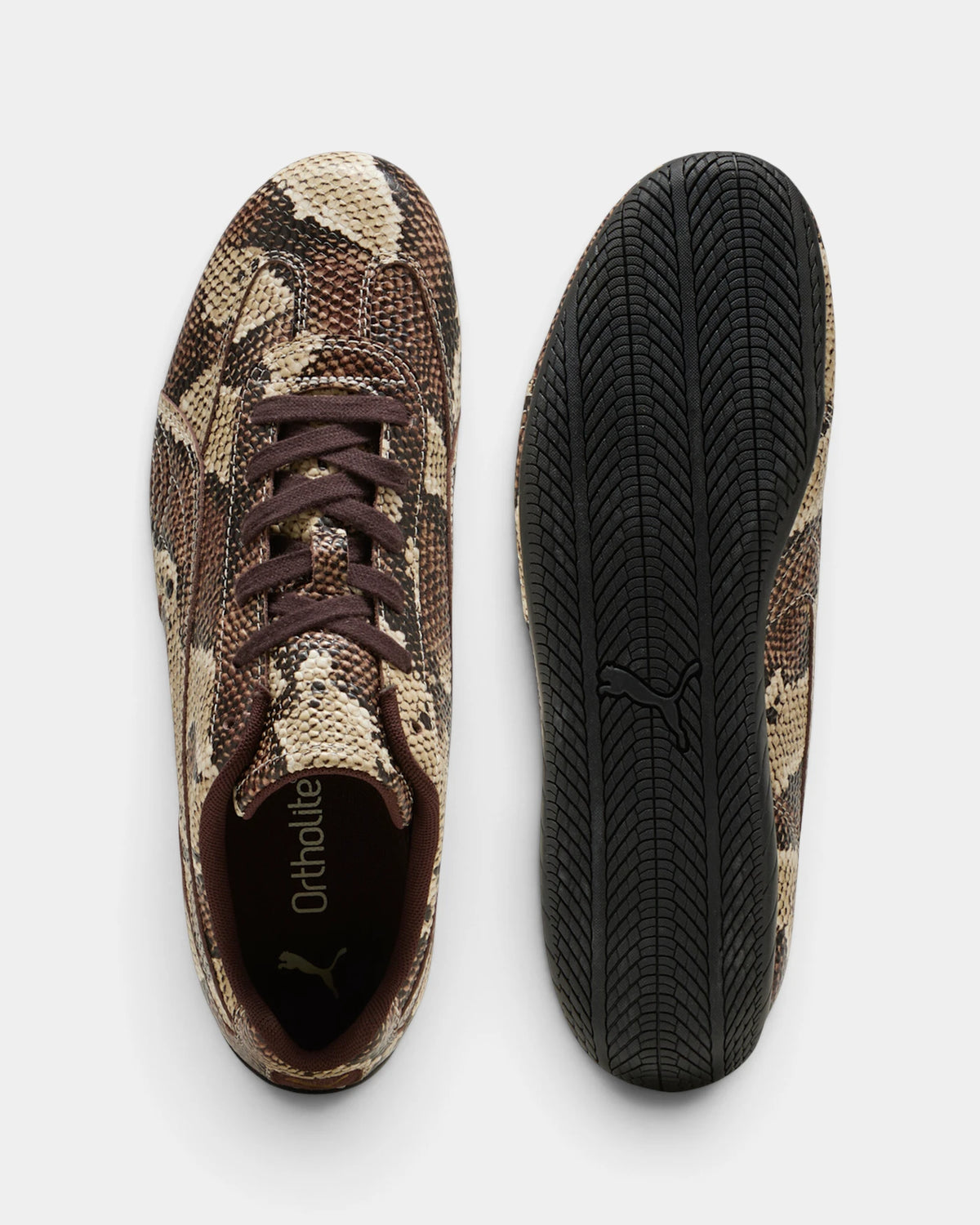 Puma Speedcat Snake Shoes in Bitter Chocolate/Toasted Almond, one shoe from above beside the tread of the outsole, showing the brown and tan snake-patterned leather upper on a low race-shoe sole
