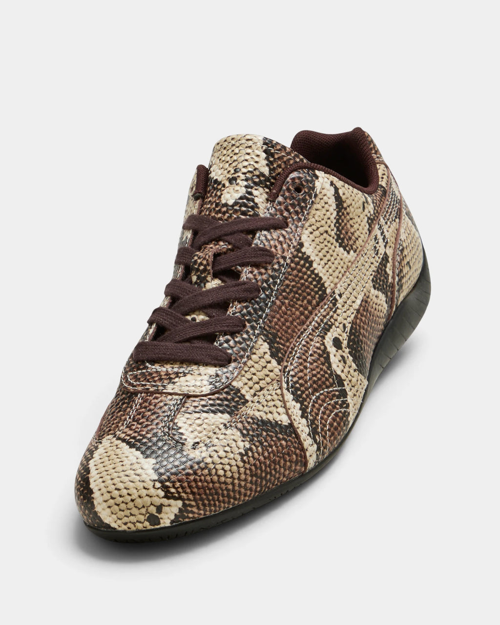 Puma Speedcat Snake Shoes in Bitter Chocolate/Toasted Almond, right shoe from a raised three-quarter angle, showing the brown and tan snake-patterned leather upper on a low race-shoe sole