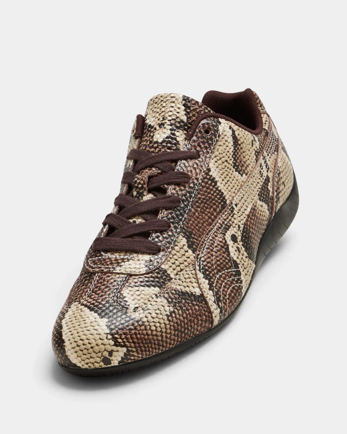 Puma Speedcat Snake Shoes in Bitter Chocolate/Toasted Almond, right shoe from a raised three-quarter angle, showing the brown and tan snake-patterned leather upper on a low race-shoe sole