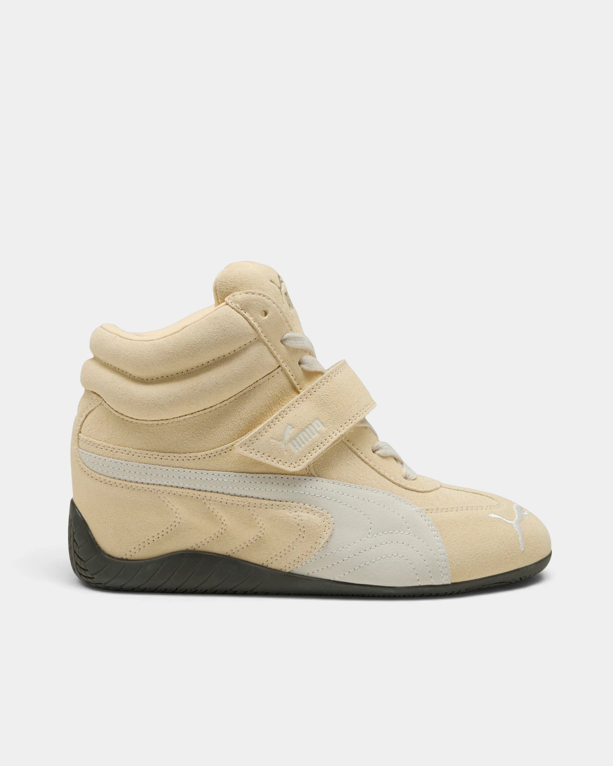 Puma Speedcat Wedge Shoes in Buttercream/Gum, right shoe in side profile, toe pointing right, showing the cream suede upper with a white formstrip, hook-and-loop ankle strap and a dark gum sole