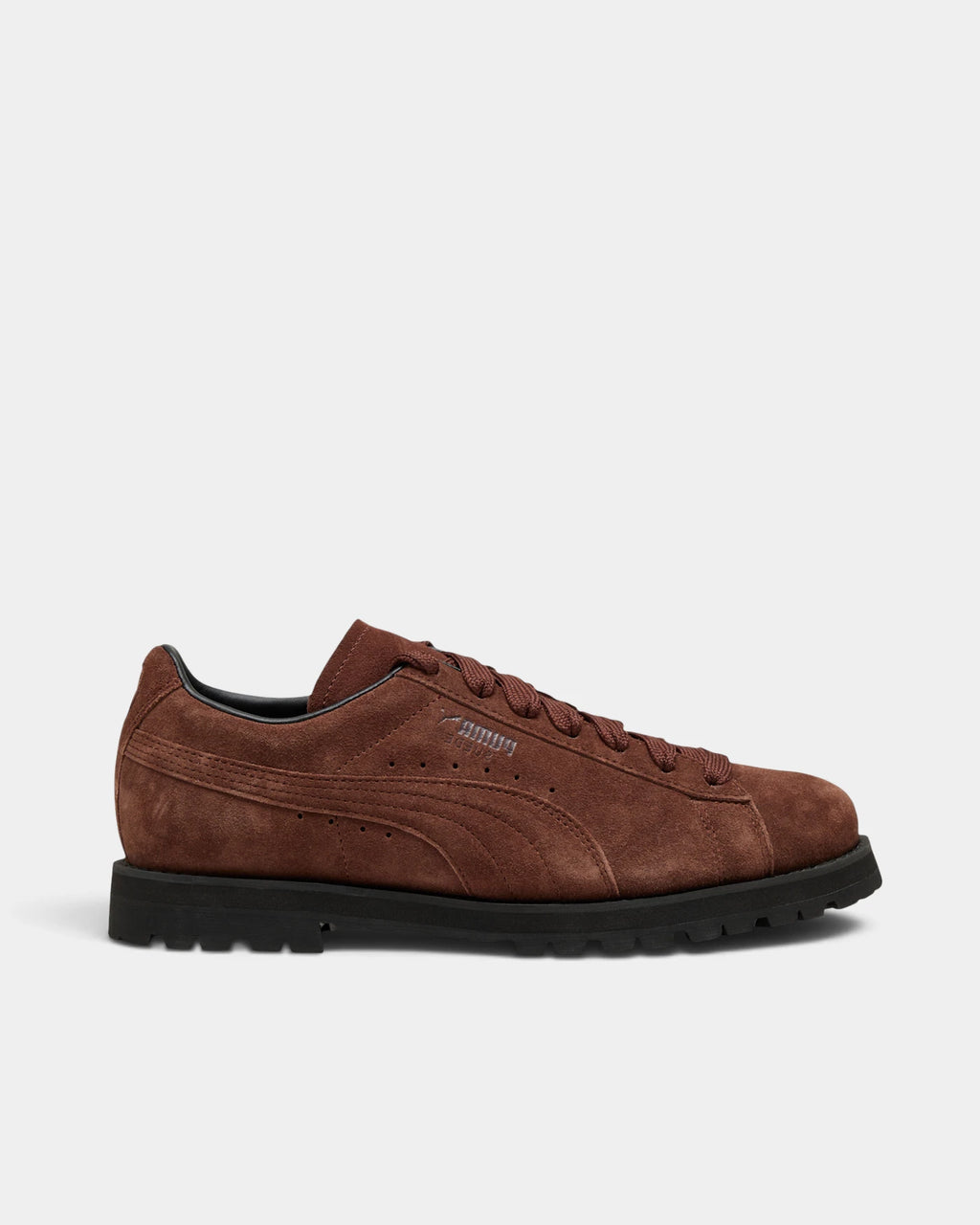 Puma Suede Vibram Shoes in Chocotart/Puma Black, right shoe in side profile, toe pointing right, showing the chocolate brown suede upper on a black lugged Vibram outsole