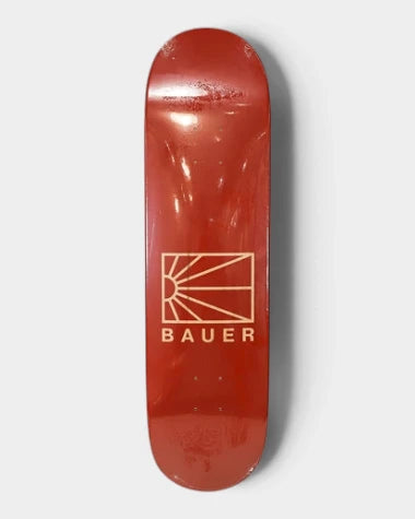Rassvet Baur Logo 8.375 inch skateboard deck in glossy red with a pale sunrise logo and the word Bauer below it