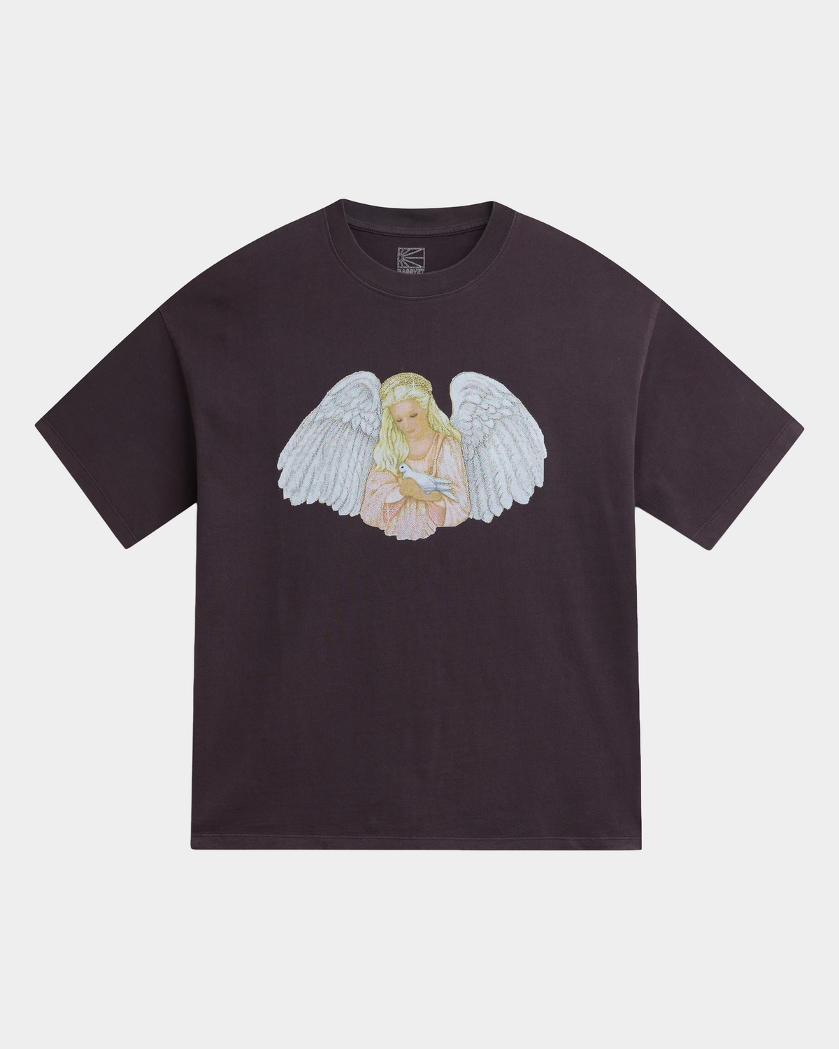 Rassvet Blessings T-Shirt in brown, laid flat and front on, printed at the chest with an angel with spread white wings holding a white dove