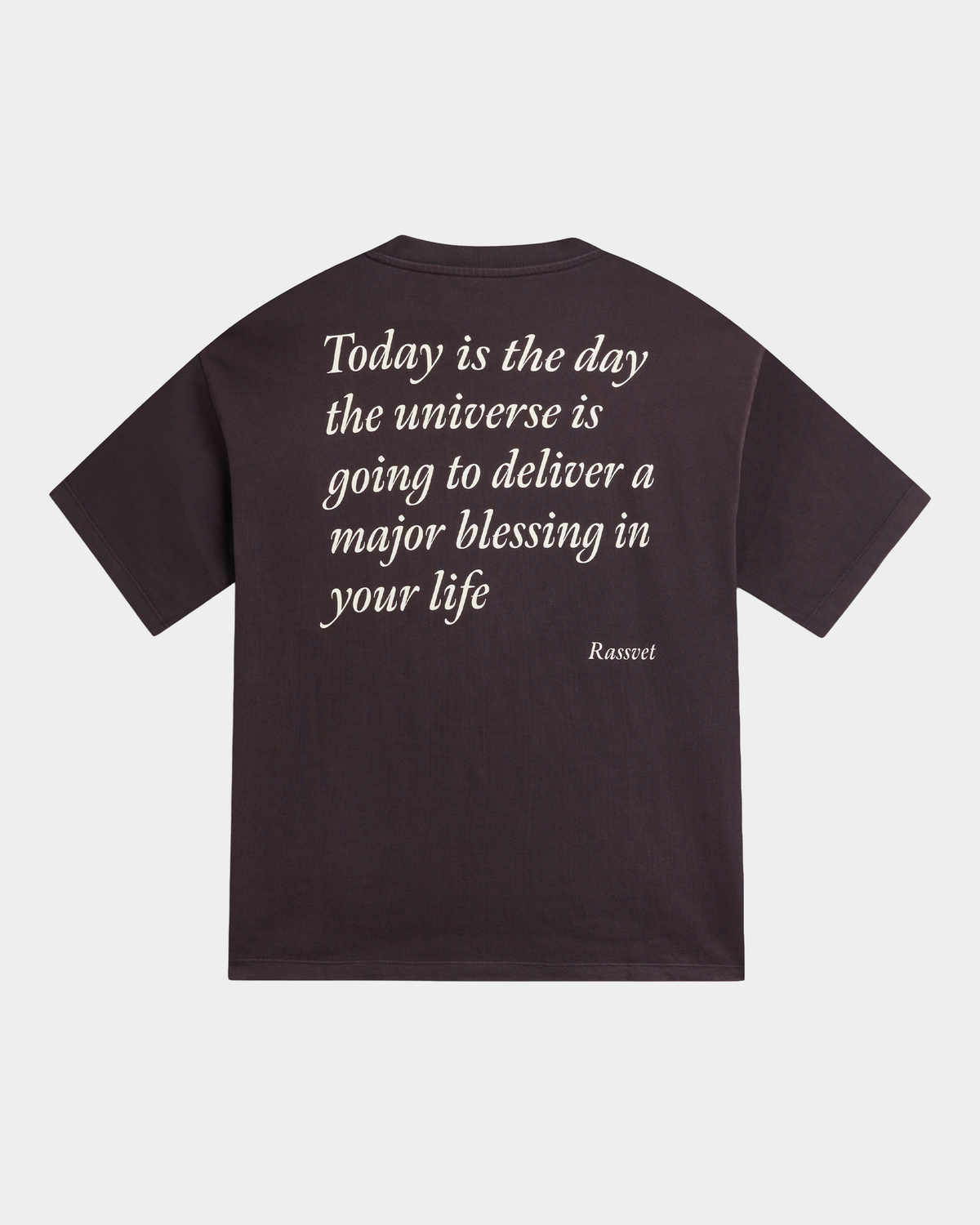 The back of the brown Rassvet Blessings T-Shirt laid flat, printed in cream italic serif with the line "Today is the day the universe is going to deliver a major blessing in your life" and the Rassvet name beneath