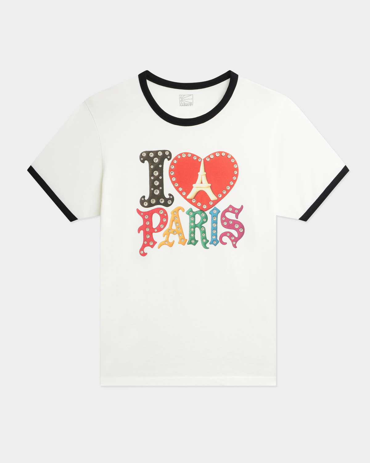 Rassvet Jewel Ringer T-Shirt in off white, laid flat and front on, with black ringer trim at the collar and sleeve hems and a jewelled I love Paris print with an Eiffel Tower in the heart