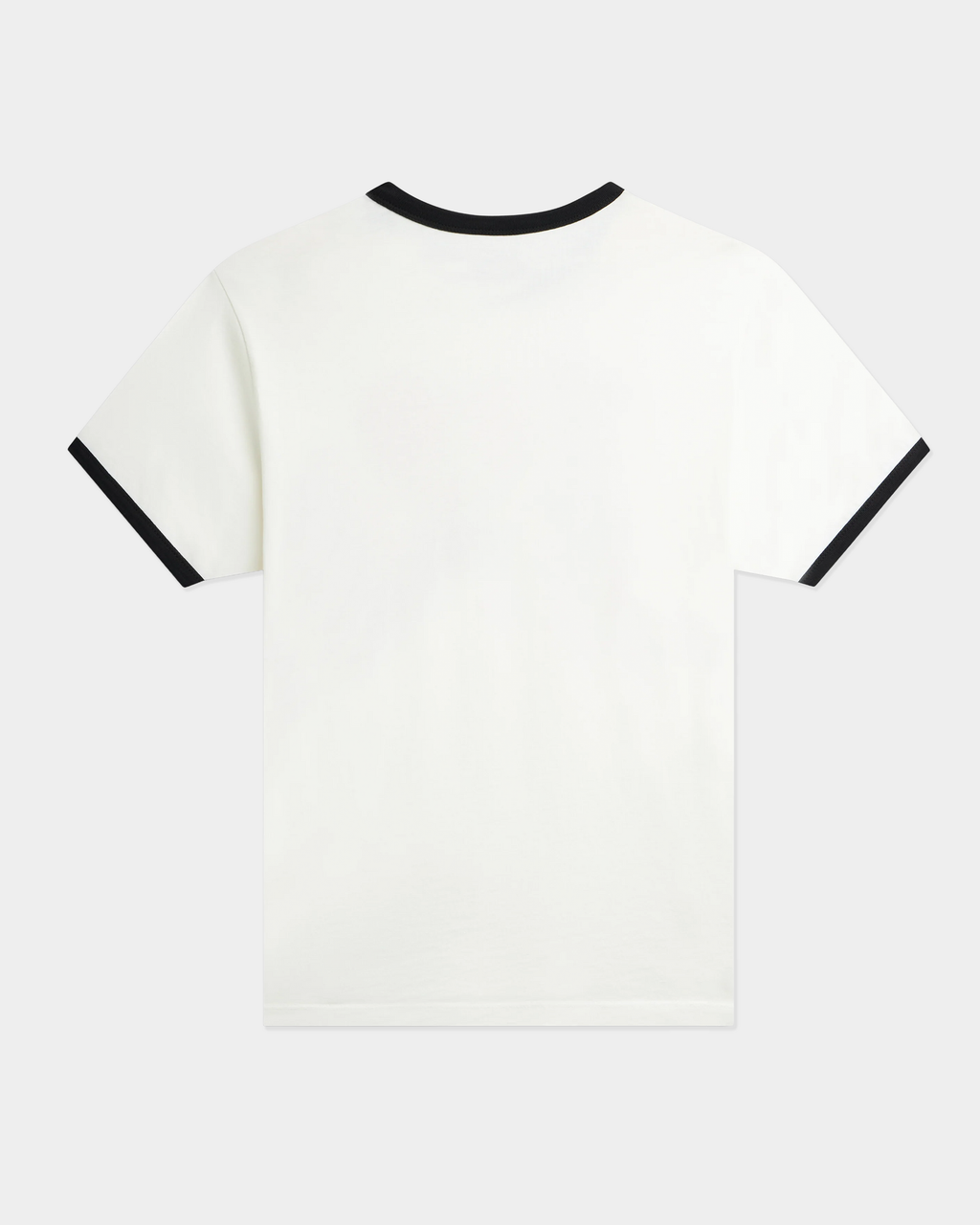 The back of the off white Rassvet Jewel Ringer T-Shirt laid flat, plain, with black ringer trim at the collar and both sleeve hems