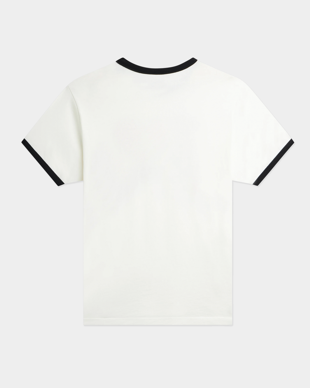The back of the off white Rassvet Jewel Ringer T-Shirt laid flat, plain, with black ringer trim at the collar and both sleeve hems
