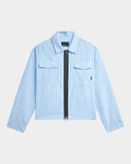 Rassvet Striped Loose Zip Shirt in blue, laid flat and front on, a pale blue pinstripe shirt with a black two-way front zip, two flap chest pockets and a point collar