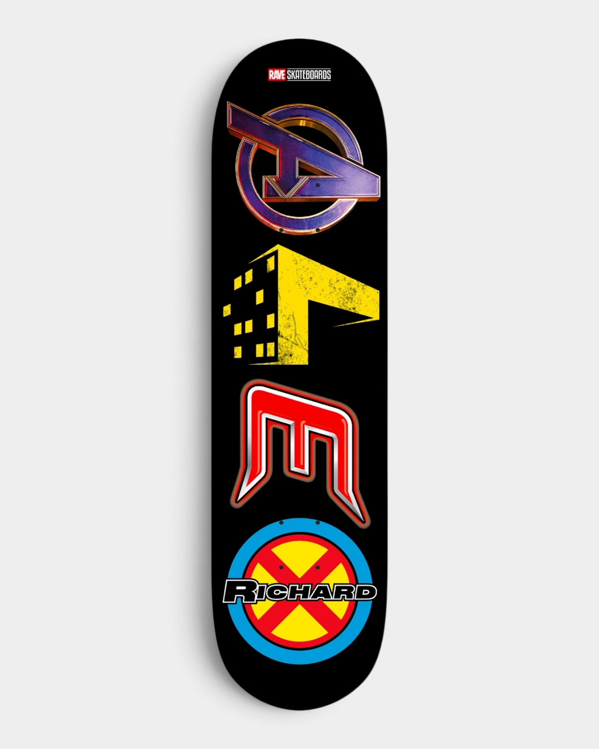 Rave Skateboards Alex Richard deck 8.25" in black, with four stacked logo-style letters in purple, yellow, red and blue above the name Richard