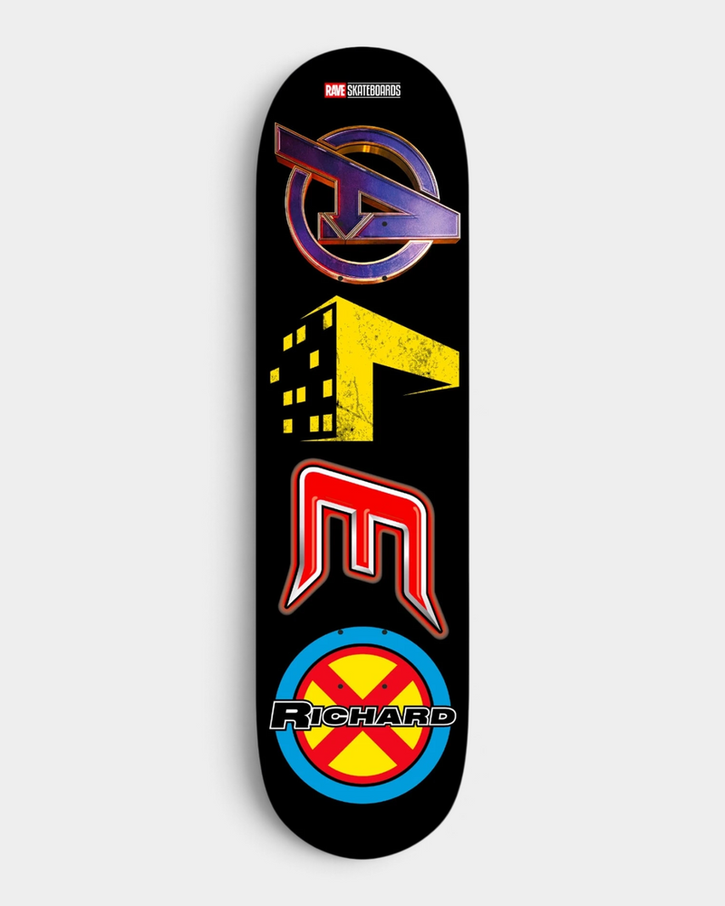 Rave Skateboards Alex Richard deck 8.25" in black, with four stacked logo-style letters in purple, yellow, red and blue above the name Richard