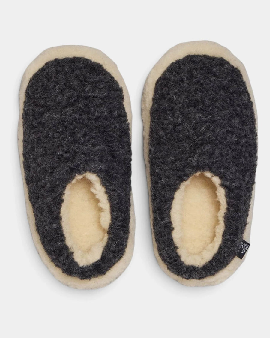 A pair of Rue De Wool The Nordic V2 slippers in charcoal black and natural, top view showing the natural wool lining