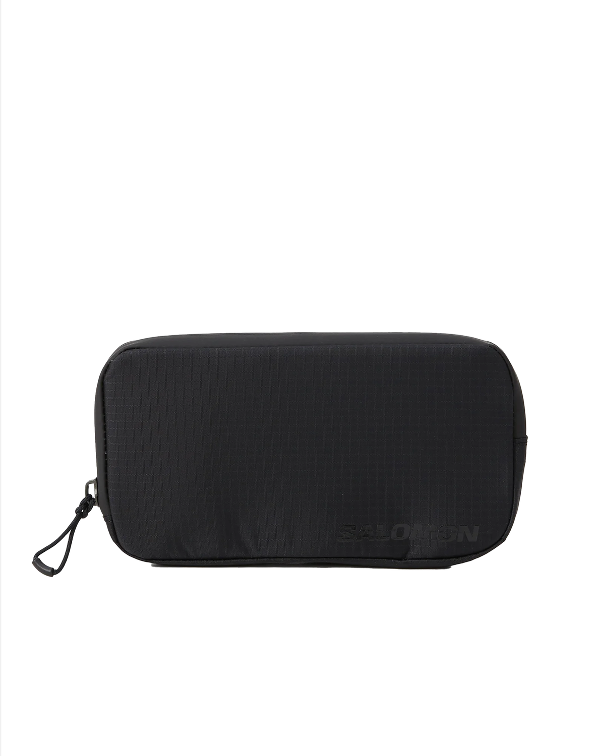 Salomon ACS Essentials Case in black, front view of the flat rectangular ripstop zip case showing the tonal SALOMON logo and the corded zip pull at the left