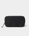 Salomon ACS Essentials Case in black, front view of the flat rectangular ripstop zip case showing the tonal SALOMON logo and the corded zip pull at the left