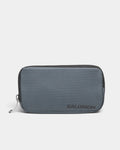 Salomon ACS Essentials Case in Turbulence/Monument, front view of the flat grey grid ripstop zip case with the dark bonded trim, the tonal SALOMON logo and the corded zip pull at the left