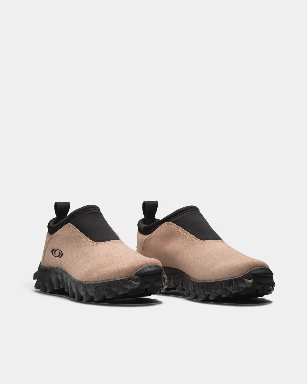 Salomon Snowclog OG Shoes in Safari/Black/Black, both shoes from a three-quarter front angle, showing the sand-coloured slip-on upper with a black collar and a black lugged sole